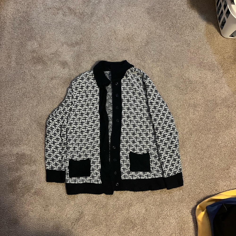 navy and white collared cardigan